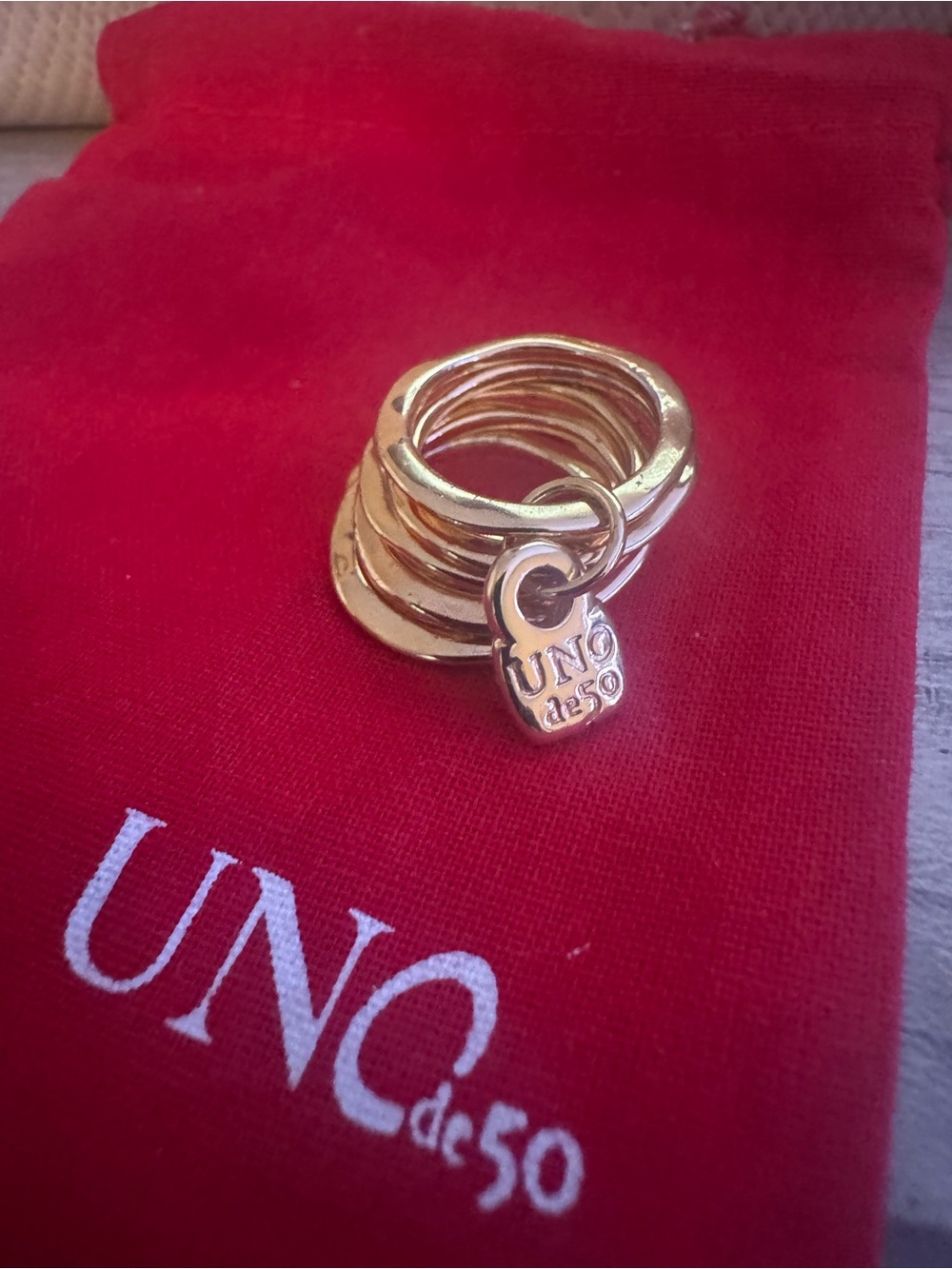 UNO de 50 Gold-Tone Stacked Ring with Branded Charm